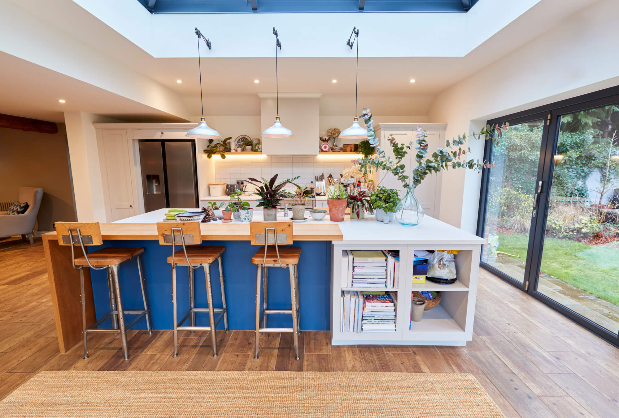 Rear kitchen extension with blue cabinetry